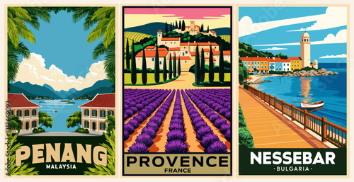 Set of Travel Destination Posters in retro style. Penang, Malaysia, Provence, France, Nessebar, Bulgaria digital prints. Summer vacation, holidays concept. Vintage vector colorful illustrations.