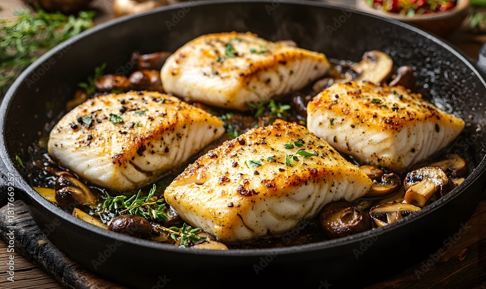 Pan-Seared Halibut Fillets with Sautéed Mushrooms and Fresh Herbs Pan-Seared Halibut Fillets with Sautéed Mushrooms and Fresh Herbs