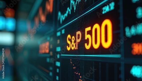 Financial data ticker screen displays SP 500 index. Charts, graphs, numbers analyzing economical market growth with abstract corporate background. Investment trading concept for money value statistic