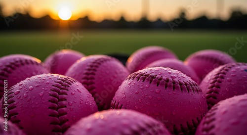 Pile of Pink Baseballs with Water Droplets Against a Sunset Backdrop