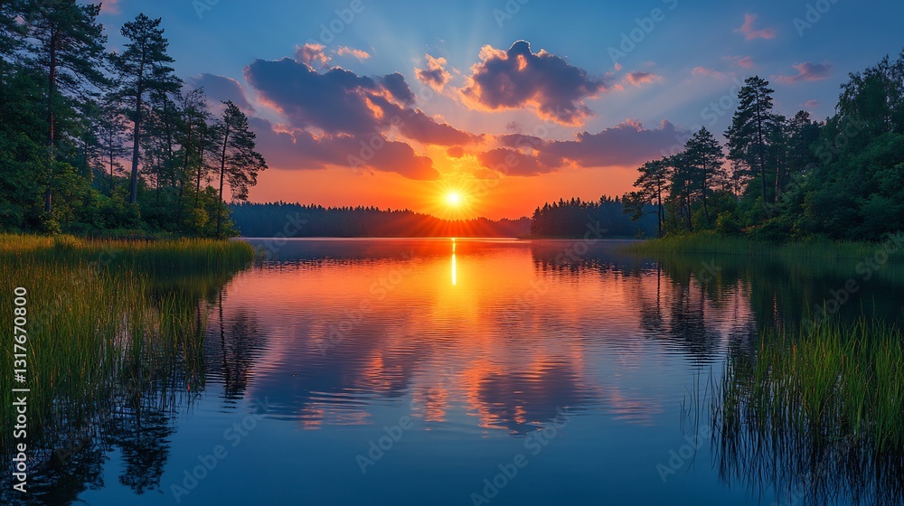 Obraz premium Sunset over calm lake with vibrant sky reflections and trees ideal for nature travel and serenity themes