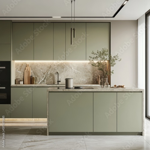 Modern and stylish kitchen featuring olive green cabinets and island