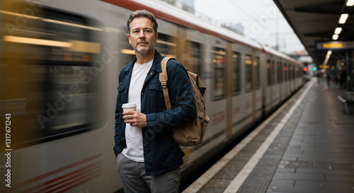 Wallpaper Mural A man stands at a train station platform on a rainy day, holding a coffee cup. A train rushes past in a blur, adding a sense of motion to the quiet moment Torontodigital.ca