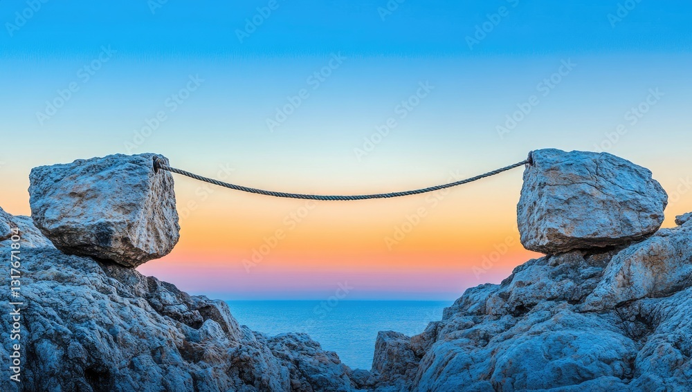 Fototapeta premium Panoramic view of a chain bridging two large rocks on a mountain peak at sunrise or sunset. Frosty, light-gray rocks. Vibrant colors in the sky, from orange to blue. A distant cityscape is visible