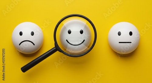 Magnifying glass highlighting a happy face emoji.
