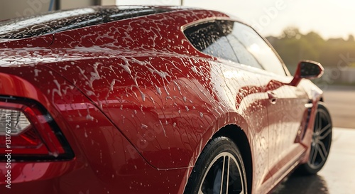 Red Car Being Washed with Soap Suds at Carwash Detail
