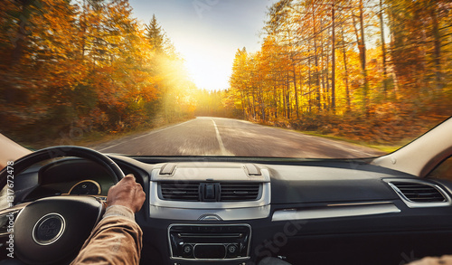 Car drive through road full of autumn leaves. Royalty high-quality free best stock of view from car, drives through scenic autumn forest with colorful trees, hands of car driver on steering wheel