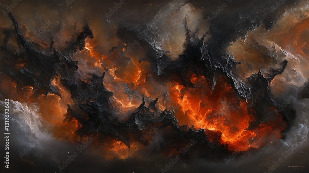 Fototapeta premium Burning orange and black abstract sky art with spiky forms