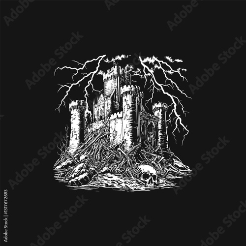 crumbling medieval castle design vector template illustration