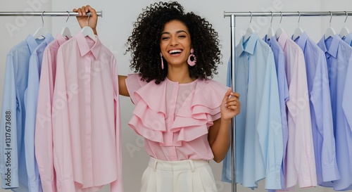 Fashion Choice: An attractive young woman, radiating joy, stands amidst a vibrant array of shirts on clothing racks. She holds a shirt, embodying a passion for style.