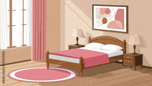 Bedroom with pink bedspread, window, picture, bedsides, table lamps and rug. Vector illustration