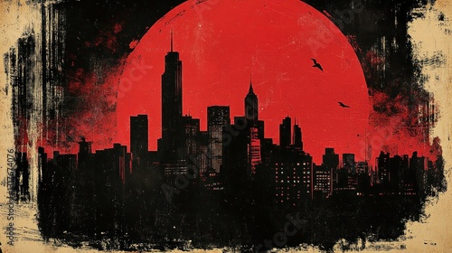 Red Blood Moon Over a Noir Cityscape