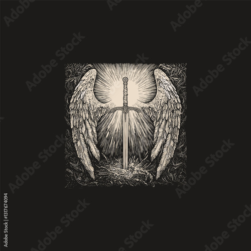 winged holy sword design vector template illustration