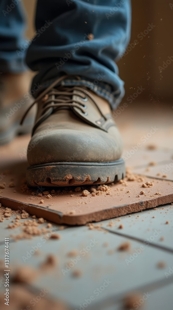 Worn Work Boot Pressing a Tile into Place with Dust Particles Visible Worn Work Boot Pressing a Tile into Place with Dust Particles Visible