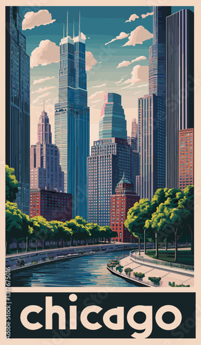 Chicago, USA travel destination poster in retro style. Modern cityscape print. vector illustration
