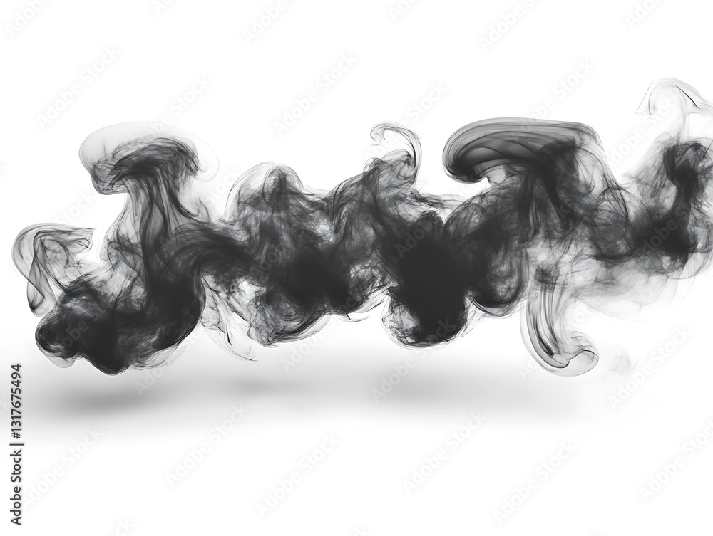 Fototapeta premium Dark wispy smoke stream rising and floating on white background