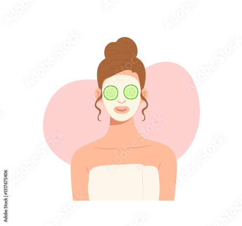 Young beautiful female masked her face with nourishing clay and fresh cucumber. Skin care routine. Concept of facial nourishment, refreshment, healthy skin. Flat vector illustration character
