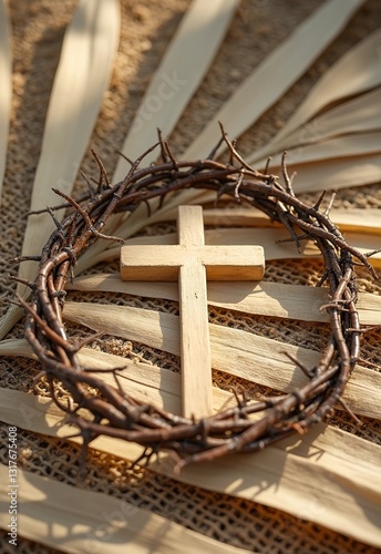 Crown of Thorns and Wooden Cross on Palm Leaves, Symbolic Representation of Holy Week, Passion of Christ, Lent and Easter Season, Religious Christian Imagery for Palm Sunday and Good Friday