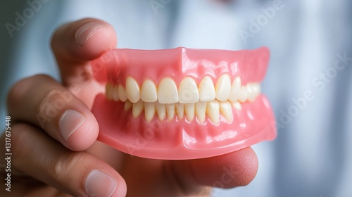 Dental Prosthesis in Hand: A close-up image of a complete set of dentures held by a person, showcasing the details of dental prosthetics, ideal for illustrating oral healthcare.