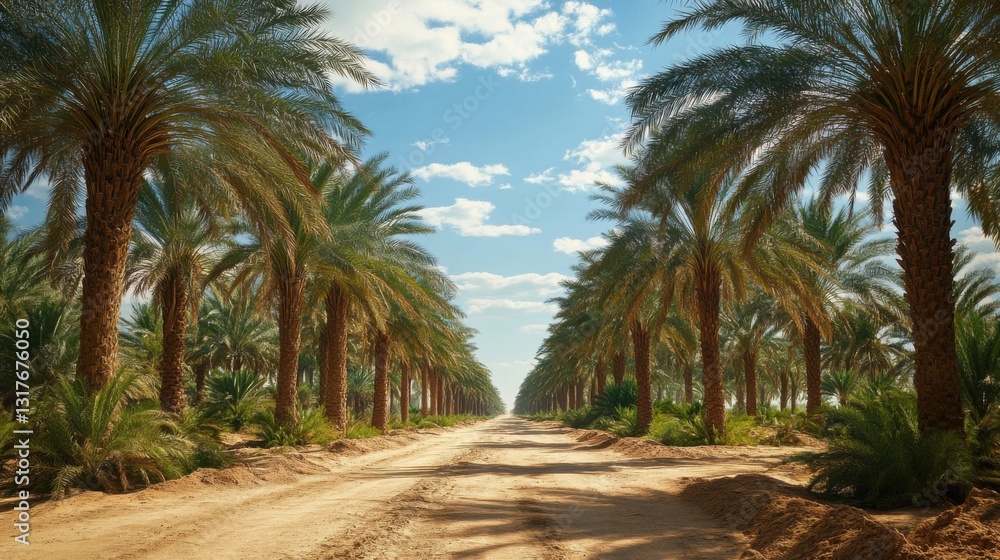 Obraz premium Palm trees stand along a sandy path under bright blue sky. Tropical plants grow by a road. The warm sun shines.