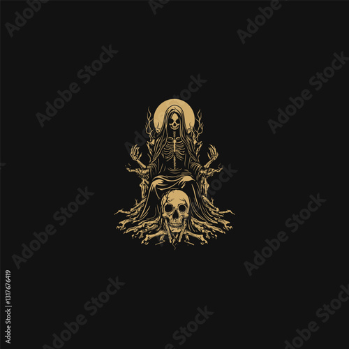 witch skeleton sitting on throne design vector template illustration
