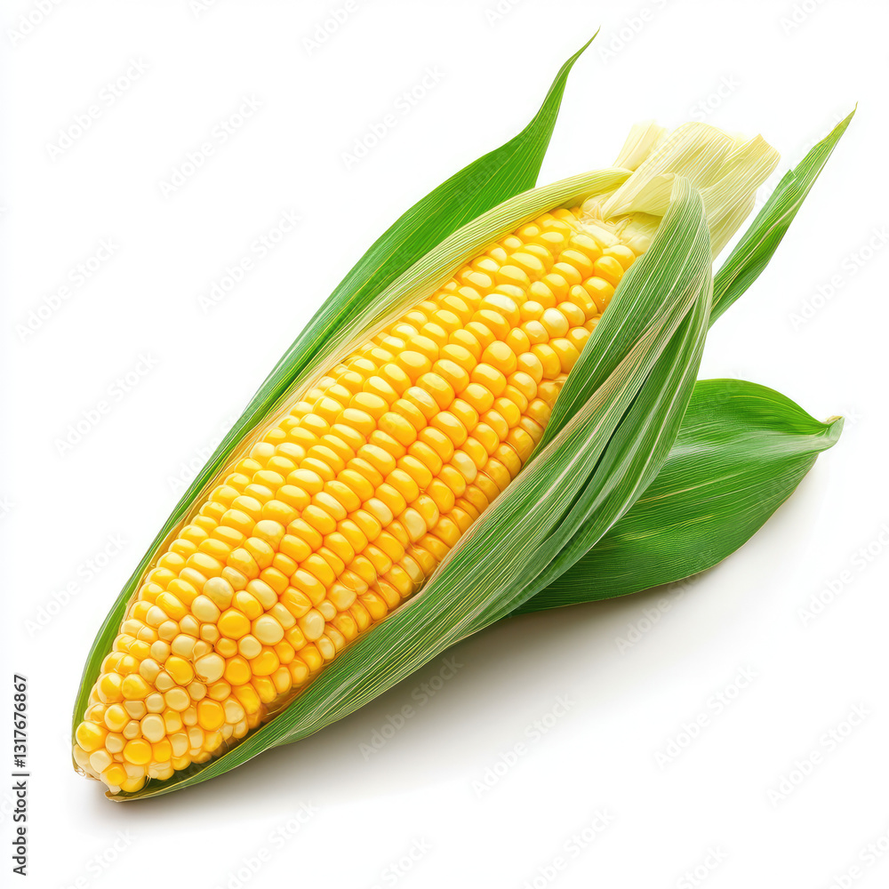 Obraz premium A single ear of corn with green leaves partially covering it on a white background