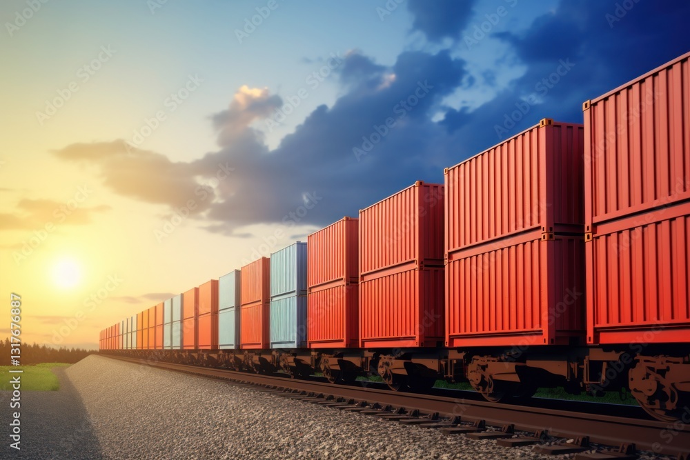 Obraz premium Freight train with containers on railroad. Freight transportation and logistics concept. Cargo Freight Train with cargo containers. Global Cargo Export Logistics Concept with Copy Space. 