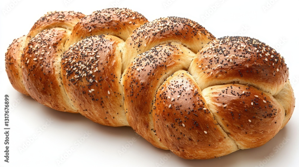 Decorative challah bread with golden crust and sesame seeds on white background Decorative challah bread with golden crust and sesame seeds on white background