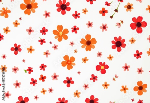 Ein  Muster aus zarten, handgemalten Blumen in Pastellfarben auf weißem Hintergrund, ideal für Stoffdesigns oder Tapeten. Generative KI.