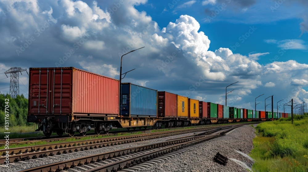 Fototapeta premium Freight train with containers on railroad. Freight transportation and logistics concept. Cargo Freight Train with cargo containers. Global Cargo Export Logistics Concept with Copy Space. 