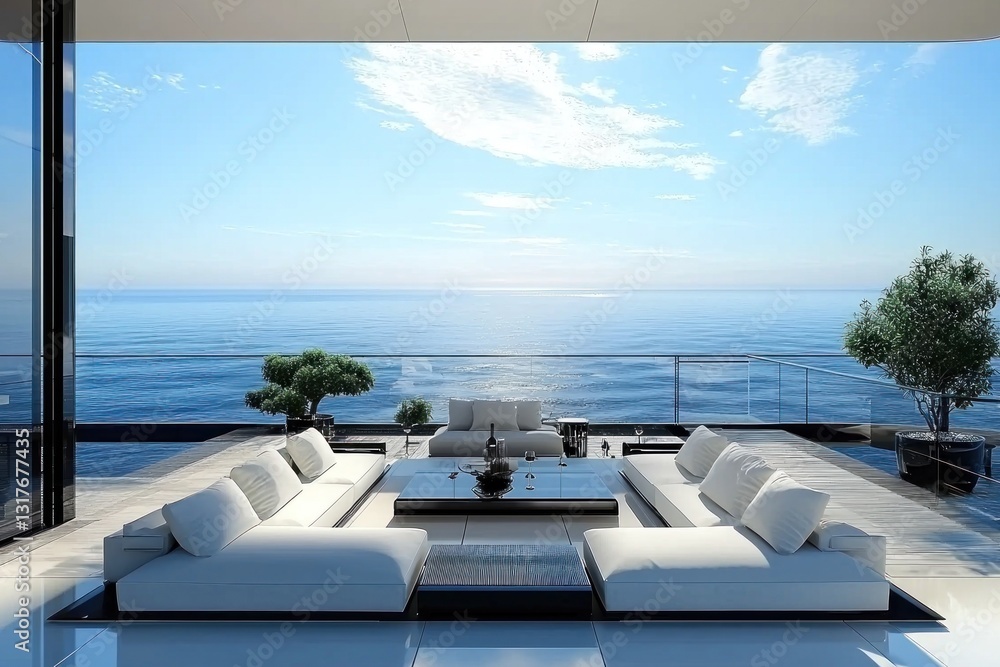 Fototapeta premium Luxurious balcony overlooking the vast, serene ocean on a sunny day
