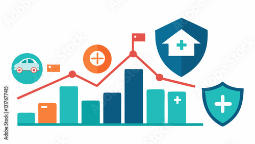 Growth Chart with Insurance Products A rising growth chart with various insurance policy icons like homes cars and health shields representing the overall growth in financial