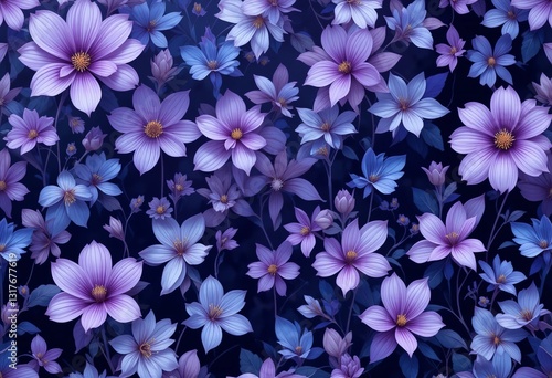 Ein Muster mit violetten und blauen Blumen auf dunklem Hintergrund, elegant und harmonisch gestaltet. Perfekt für Textilien. Generative KI.