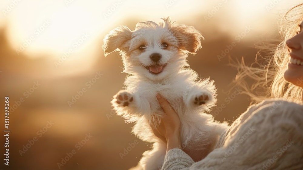 Joyful rescued puppy leaps into warm embrace during sunset at the park Joyful rescued puppy leaps into warm embrace during sunset at the park