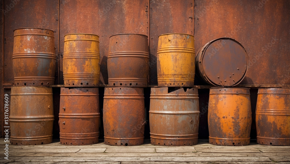 A Group of Rusty Metal Barrels, Evoking a Sense of Abandonment and Age A Group of Rusty Metal Barrels, Evoking a Sense of Abandonment and Age