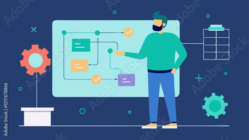 Innovative Solutions A developer standing next to a digital board filled with flow diagrams and sketches brainstorming innovative solutions for blockchain challenges with gears and