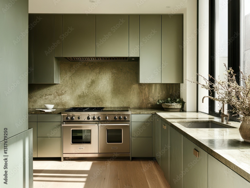 Fototapeta premium A modern kitchen with olive green cabinets and stainless appliances