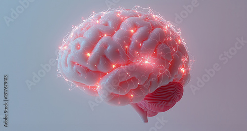 Human brain model with glowing red neural connections. Neuroscience and brain activity concept. Medical research visualization.