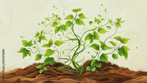 A serene and vibrant illustration of interdependence and harmony, where a lush green plant with delicate tendrils and leaves grows harmoniously from a rich, brown soil.