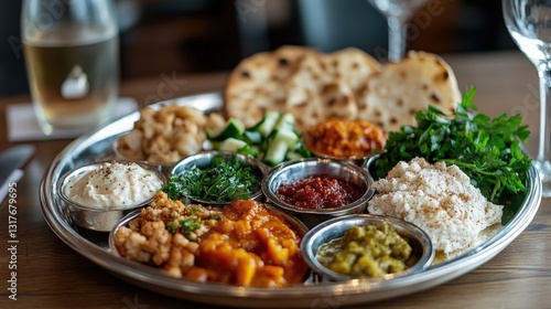 Elegant silver Seder plate with traditional Passover foods and engraved Hebrew letters photo