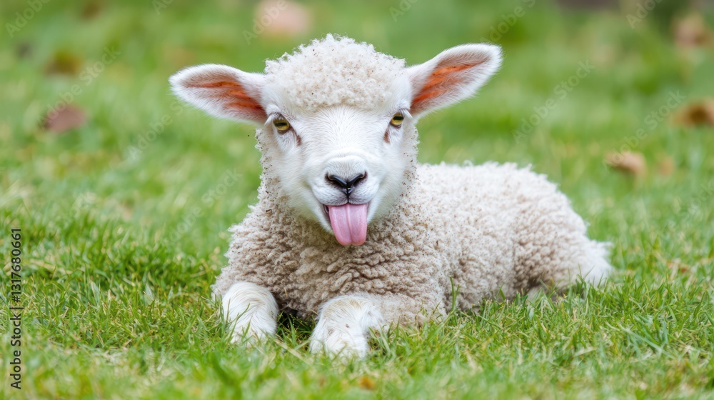 Cute lamb lying in grassy field, tongue out Cute lamb lying in grassy field, tongue out