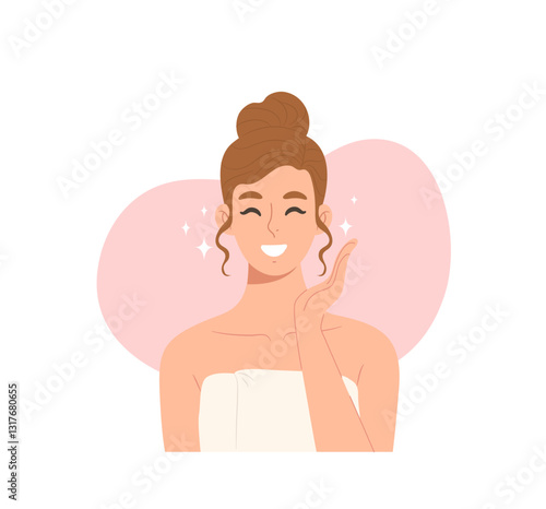 Young happy beautiful female smiling and wearing towel showing healthy facial skin. Concept of beauty, skin care routine, facial treatment, lifestyle. Flat vector illustration character.