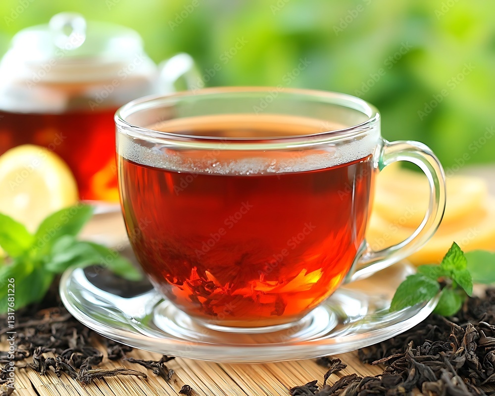Tea cup with lemon, fresh herbs, blurred outdoor background Tea cup with lemon, fresh herbs, blurred outdoor background