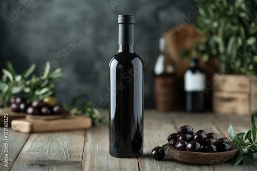 Elegant wine bottle standing on rustic wooden table with olives and olive branches