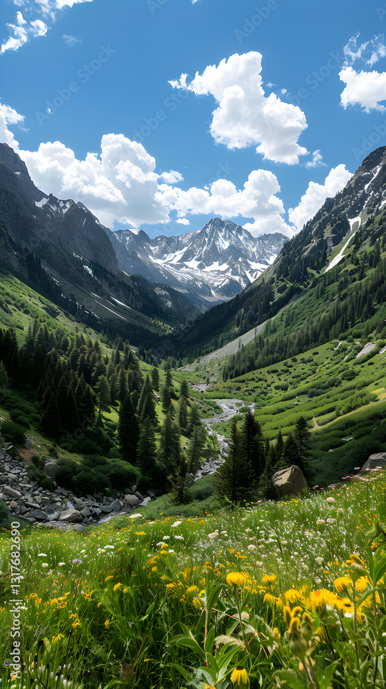 Fototapeta premium Breathtaking Mountain Landscape with Snow-Capped Peaks, Lush Valley, and Meandering River Under Blue Sky