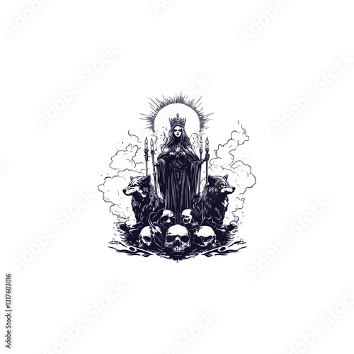 fierce queen standing surrounded by skulls and wolves design vector template illustration