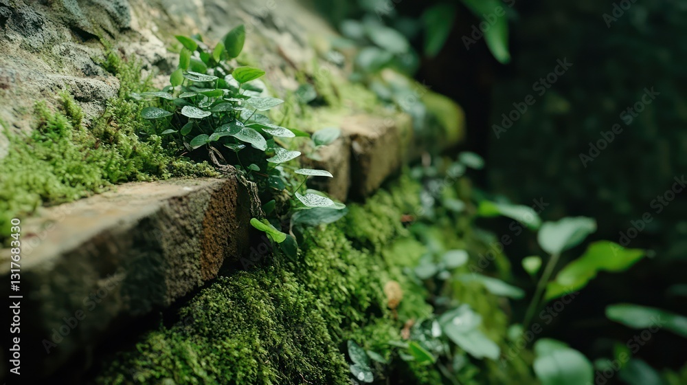 Moss-covered stone wall with greenery Moss-covered stone wall with greenery