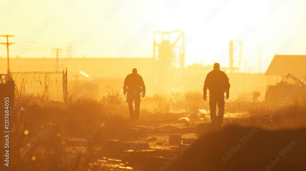 Fototapeta premium Two silhouetted figures walk through an industrial area at sunset, with a glowing horizon and abandoned structures