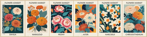 Set of abstract Flower Market posters. Trendy botanical wall arts with autumn birth month flowers. Modern naive groovy funky interior decorations, paintings. Vector art illustration