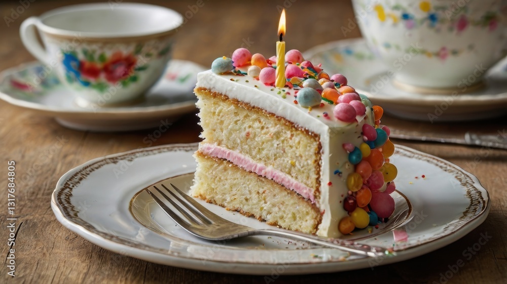 slice of birthday cake on a plate with a fork slice of birthday cake on a plate with a fork